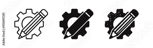 Gear and pencil icon set in line, solid, and sketch styles. Engineering design and customization symbols vector.