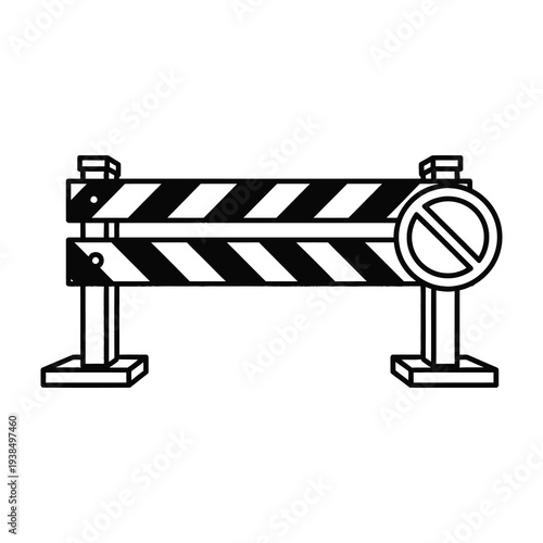 Black and white roadblock sign with a prohibition symbol on a white background