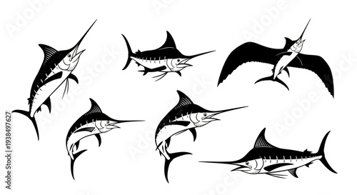 Collection of Marlin Fish Silhouettes, Dynamic Poses, Ocean Wildlife Vector Art