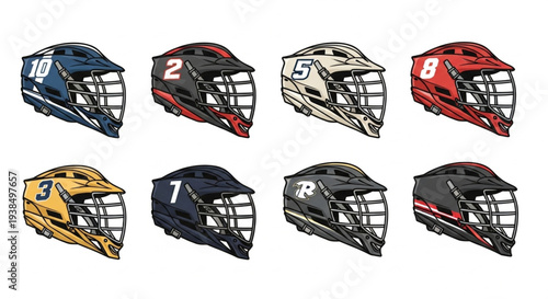 Collection of Eight Lacrosse Helmets in Various Colors and Designs.