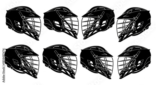 Collection of Eight Black Lacrosse Helmets in Different Angles.