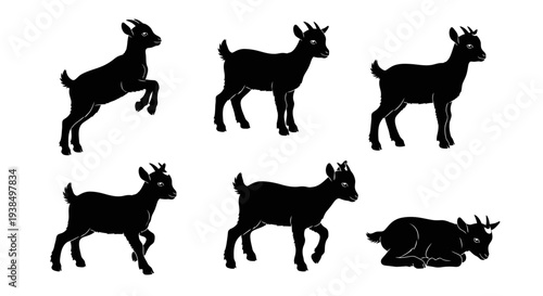Collection of Black Goat Silhouettes in Various Poses on White Background