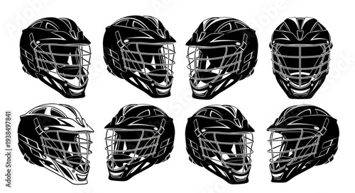 Collection of Lacrosse Helmets in Black and White.
