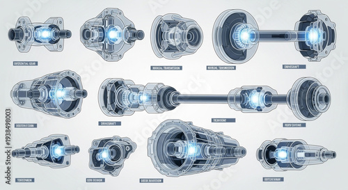 Collection of Futuristic Mechanical Components and Drivetrain Systems.
