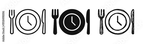 Meal Time and Dining Schedule Icon Set with Clock, Plate, and Cutlery Vector Illustrations