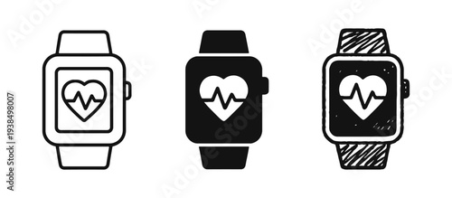 Smartwatch with Heart Rate Monitor Icon Set for Health, Fitness, and Wearable Tech Illustrations