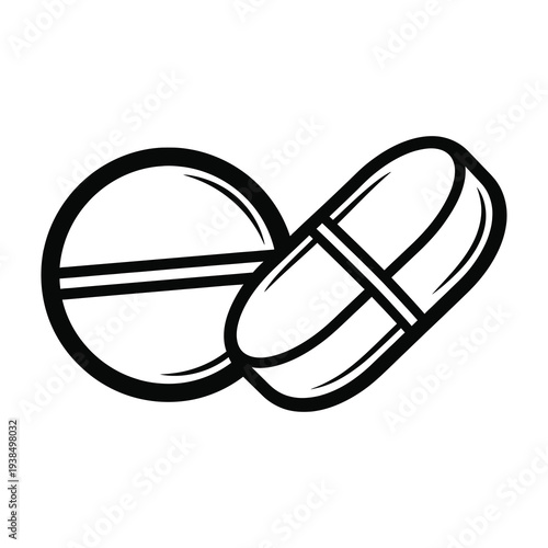 Simple black and white illustration of two pills a round tablet and a capsule on a plain white background symbolizing health and medicine