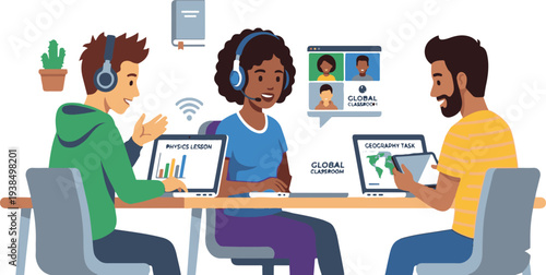 Students collaborating in a global virtual classroom with laptops