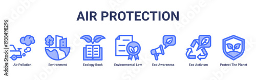 Air Protection web banner icon vector illustration featuring Air Pollution,Environment,Ecology Book,Environmental Law,Eco Awareness,Eco Activism,and Protect The Planet icons.