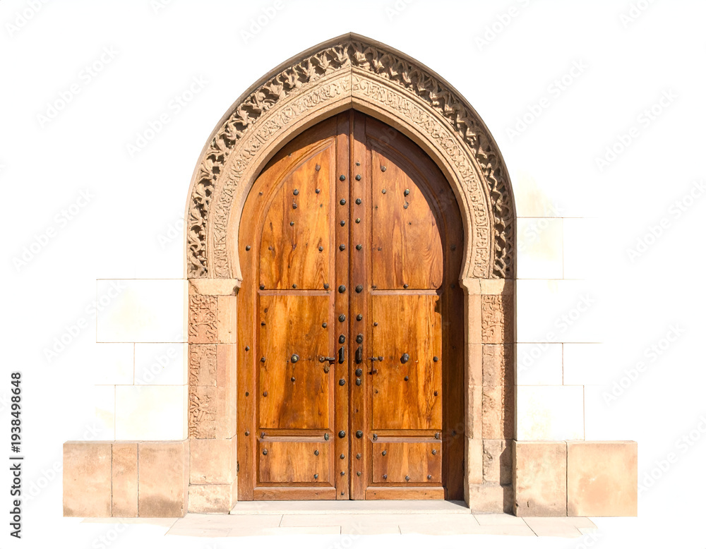 Naklejka premium Ornate wooden double doors beneath arched stonework