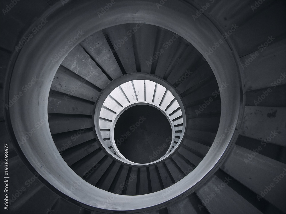 Fototapeta premium Top Down View of Minimalist Smooth Concrete Spiral Staircase