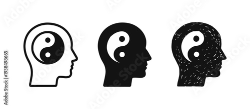 Human Head with Yin Yang Symbol Icon Set for Balance, Harmony, Mindfulness, and Spiritual Wellness