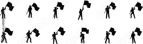 Silhouette of people holding flags in various poses in black and white minimalist style for social media graphics