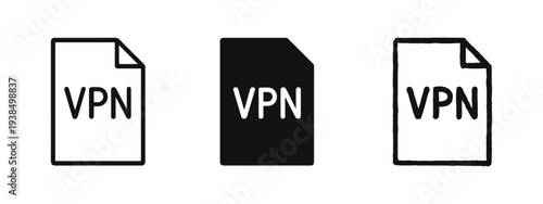 VPN File Document Icon Set Representing Virtual Private Network and Data Security Vector Graphics