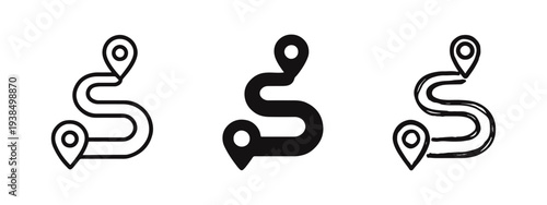 GPS Route Navigation Path Icon Set: Travel Destination Map Journey Symbols in Outline, Solid, and Hand-drawn Styles