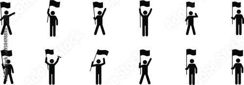 Silhouette people holding flags in various poses in black and white minimalist style for protest illustration