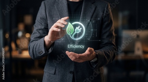 Energy Saving: A person holds a glowing holographic icon representing energy efficiency and green power.