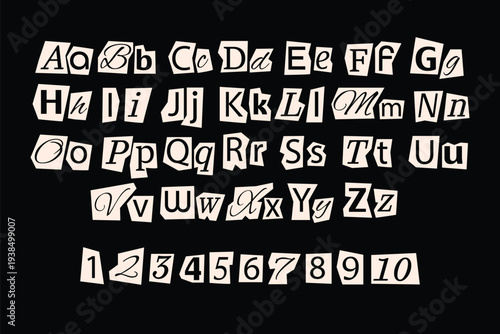 Monochrome ransom note letters and numbers set. Black and white newspaper collage typography cutout style for posters, editorial design and creative layouts
