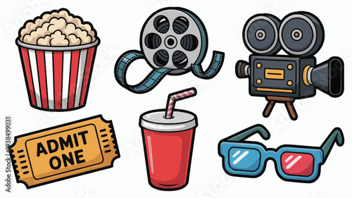 Cinema Movie Night Icons Set Popcorn Drink Ticket Camera Glasses.