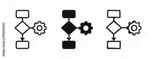 Process Flow Diagram with Gear Icon Set: Workflow and Settings Symbols for Business Management Illustration