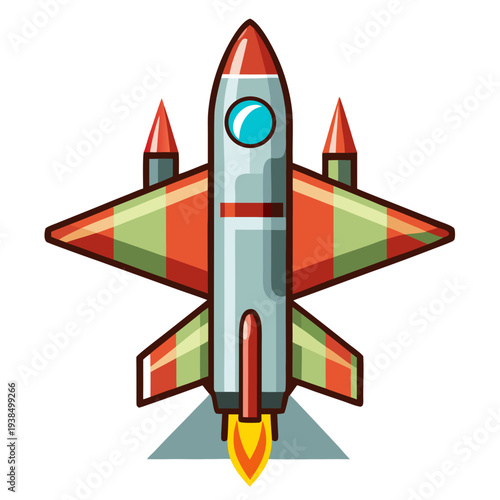 Vibrant cartoon fighter jet taking off with dynamic flames