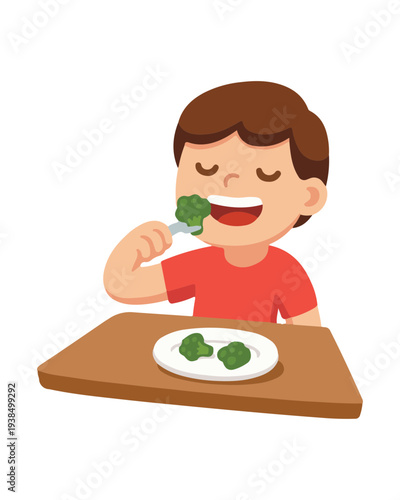 Happy Boy Eats Healthy Broccoli