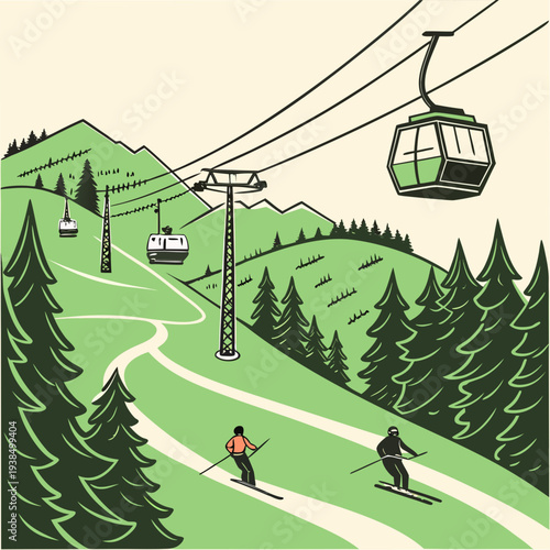 Skiers and snowboarders enjoying a scenic lift ride on a sunny winter day Vector
