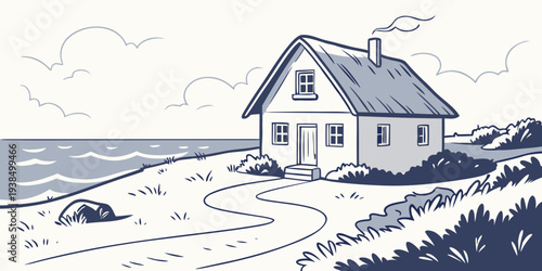 A serene beach house overlooking the tranquil ocean waters Vector