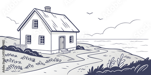 A quaint house standing resiliently against a stormy backdrop. Vector