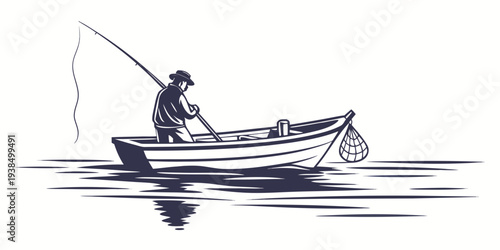 A peaceful scene of a man fishing in a small boat on a calm lake Vector