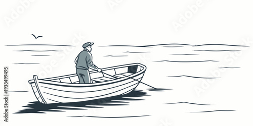 A man in a small boat on a calm body of water with a bird flying overhead Vector