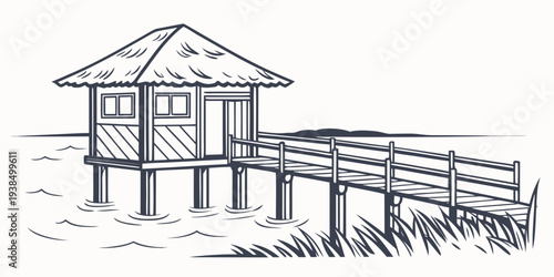 A serene wooden house on stilts overlooking a calm body of water Vector