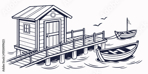 A picturesque scene of a small wooden cabin by the sea with boats and a lighthouse Vector