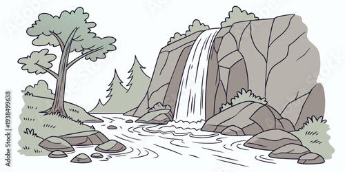 Majestic waterfall cascading down a rocky cliff surrounded by lush greenery Vector