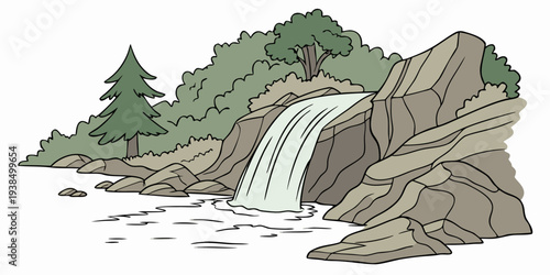 A serene landscape featuring a waterfall cascading down rocky cliffs into a tranquil pool Vector