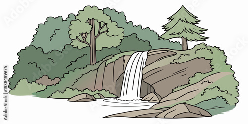 A serene waterfall cascading down a lush green mountain in a tranquil forest setting. Vector
