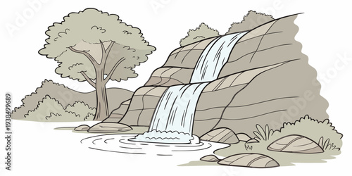 A majestic waterfall cascading down a rocky cliff into a serene pool below Vector