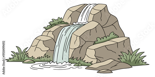 A majestic waterfall cascading down a rocky cliff surrounded by lush greenery Vector