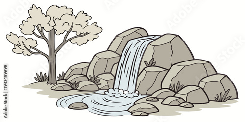 A serene landscape featuring a tranquil lake surrounded by rocky terrain and trees Vector