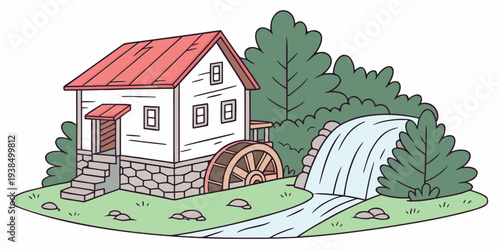 A charming house with a red roof nestled among lush trees and a flowing stream Vector