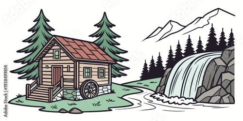 A picturesque mountain cabin with a serene waterfall in the background. Vector