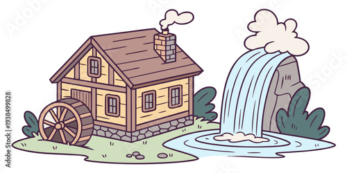 A charming house nestled in the woods with a waterfall nearby. Vector