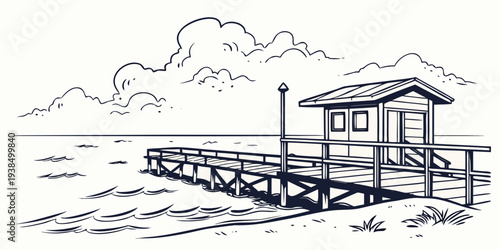 A serene beach scene with a small hut and palm trees under a cloudy sky Vector