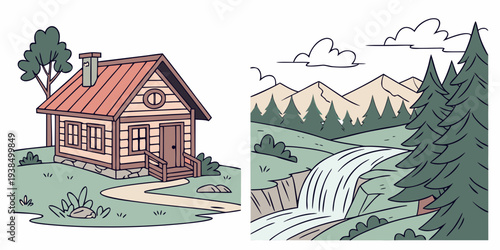 A quaint house nestled in a serene valley surrounded by majestic mountains and lush greenery Vector