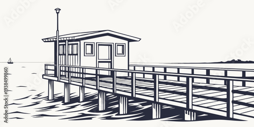 A serene wooden pier extends into a calm body of water, inviting exploration and tranquility. Vector