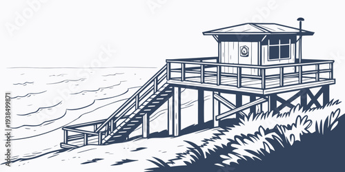 A picturesque beach house perched on stilts overlooking the ocean Vector