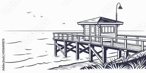 A serene beach house perched on stilts overlooking the tranquil ocean waves Vector