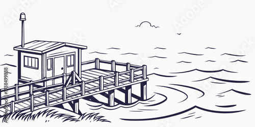 A serene beach scene with a small house and palm trees under a clear sky Vector