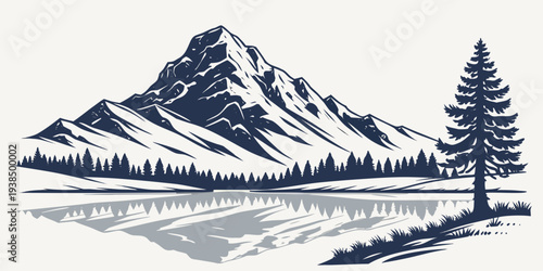 Majestic mountains tower over a serene lake with a single tree in the foreground Vector