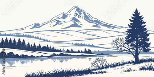 Majestic snow-covered mountain peak with evergreen trees in a serene winter landscape Vector